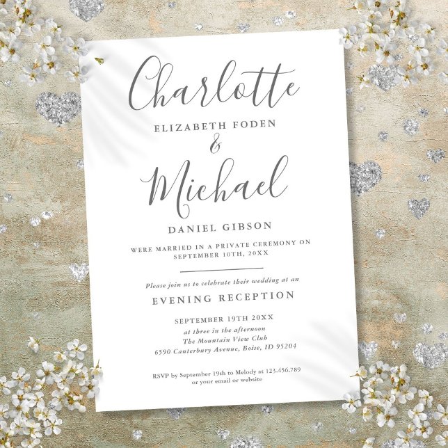 Convite Casamento com Script Cinza e Branco Somente Recepç (Reception Only Gray And White Script Wedding Invitation)