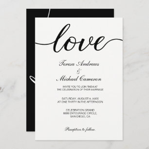 Convite Casamento com Script de Amor Branco e Preto Chic