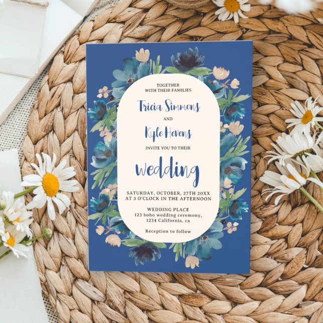 Convite Casamento com script de arco floral azul do Modern (Modern Boho blue floral arch script wedding Invitation)