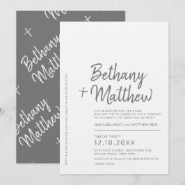 Convite Casamento com script de caligrafia branco de cinza