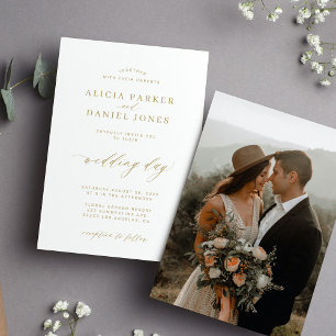 Convite Casamento com script de caligrafia em ouro de foto