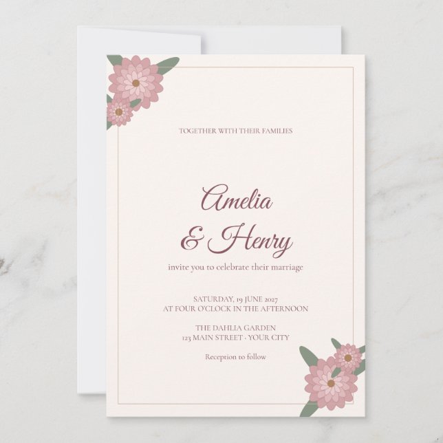 Convite Casamento com Script Jardim de Dália Rosada (Frente)