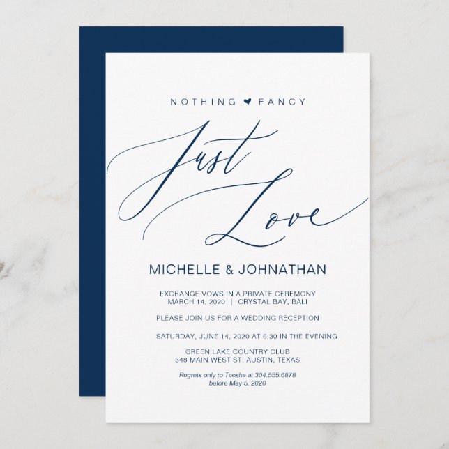 Convite Casamento com Script Moderno no Navy Elopement Rec (Frente/Verso)