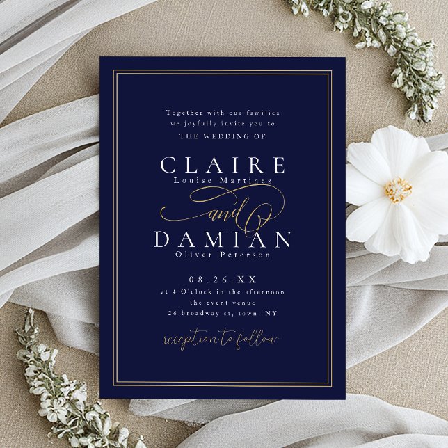 Convite Casamento com Script Romântico de Elegância Simple (Navy Blue Simple Elegance Romantic Script Wedding Invitation)