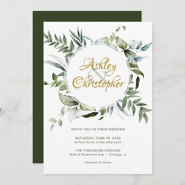 Convite Casamento com Script Verde Moderno Elegante (Frente/Verso)