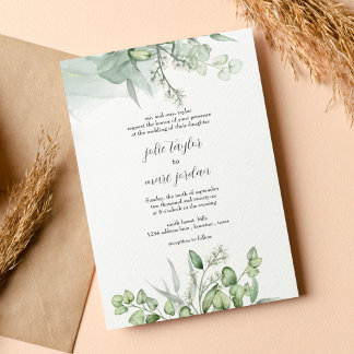 Convite Casamento com script Watercolor Eucalyptus Leaves