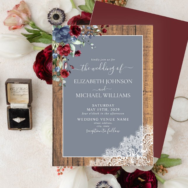 Convite Casamento com Scripts de Madeira Dusty Blue Burgun (Criador carregado)