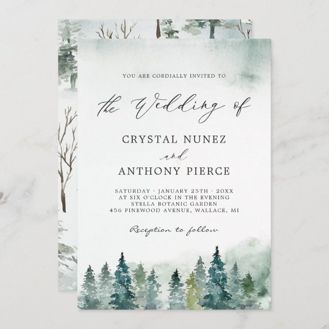 Convite Casamento com Serene Winter Forest Pine Trees (Frente/Verso)