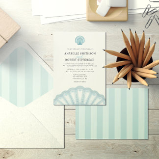 Convite Casamento com Shell Azul de Praia Moderna Elegante