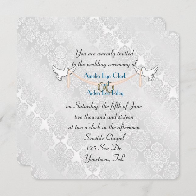 Convite Casamento com Shimmer White Damask (Frente/Verso)