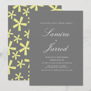 Convite Casamento com Simples Padrão Floral Amarelo e Cinz