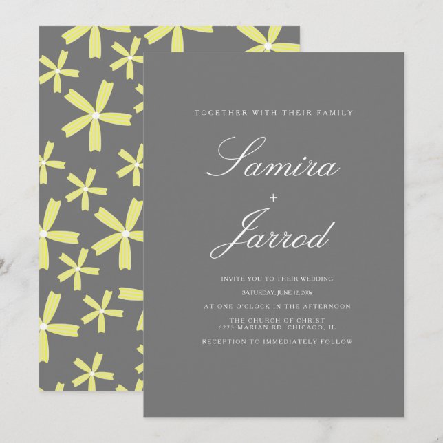 Convite Casamento com Simples Padrão Floral Amarelo e Cinz (Frente/Verso)