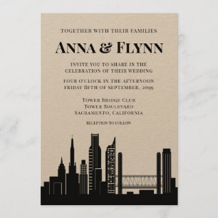 Convite Casamento com Skyline da Cidade de Sacramento, Cal