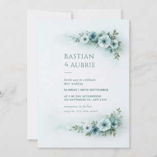 Convite Casamento com Spray Floral Azul Pó