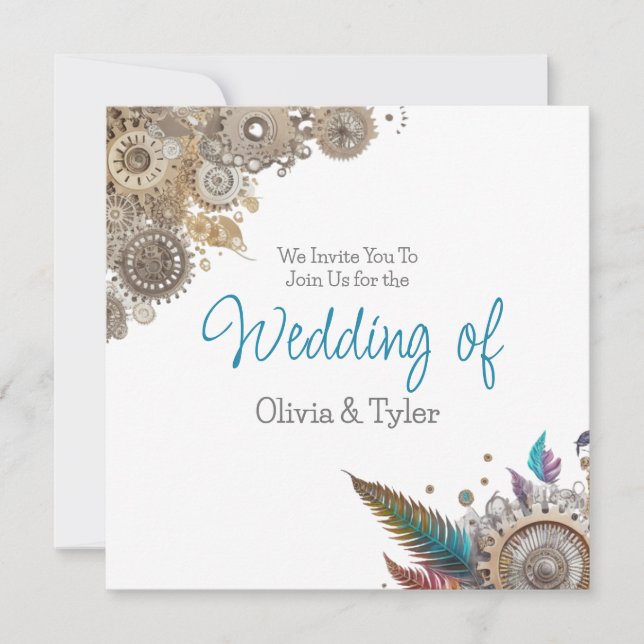 Convite Casamento com Steampunk, Flores e Penas (Frente)