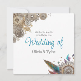 Convite Casamento com Steampunk, Flores e Penas