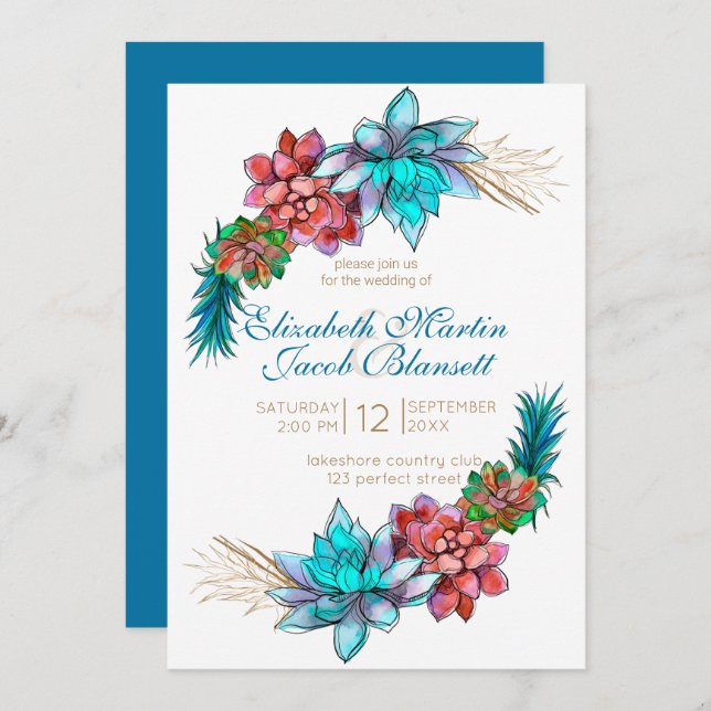 Convite Casamento com Suculência de Aquarelas, Casamento c (Frente/Verso)