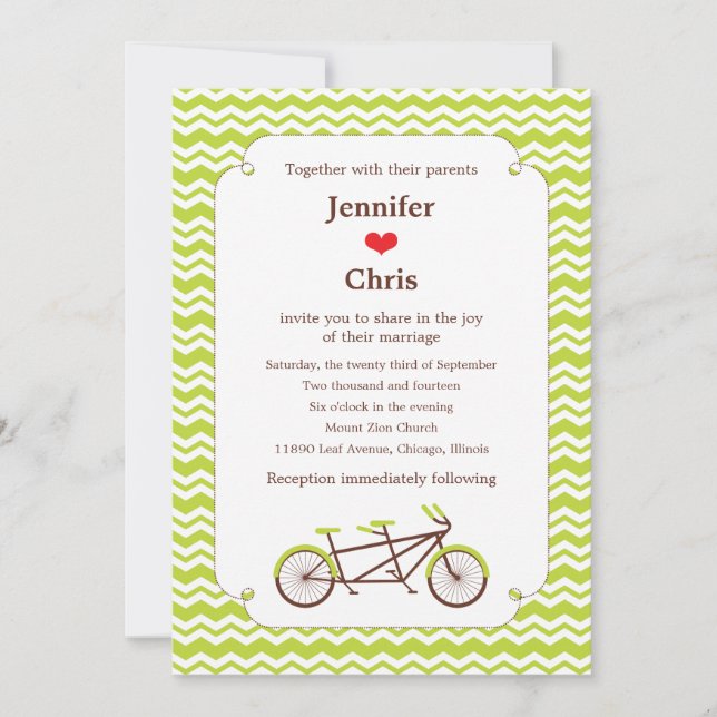 Convite Casamento com Tandem Bike (Green Chevron) (Frente)