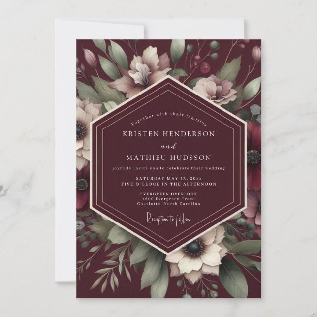 Convite Casamento com Tapeçaria Floral Borgonha (Frente)