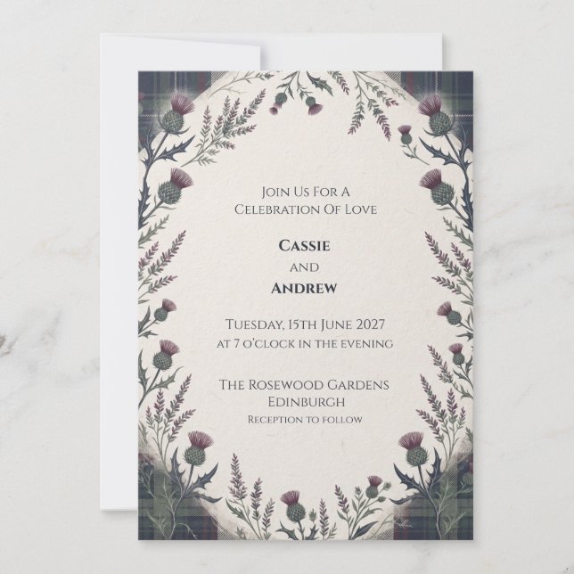 Convite Casamento com Tartã Roxa e Cardo Verde (Frente)
