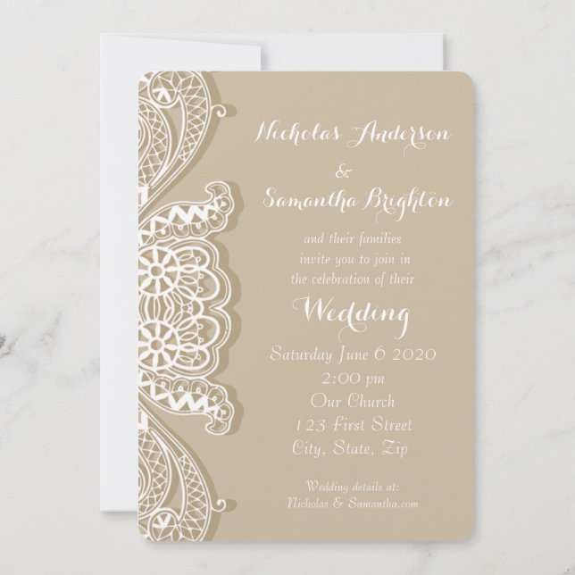 Convite Casamento com Taupe de rendas brancas clássicas do (Verso)
