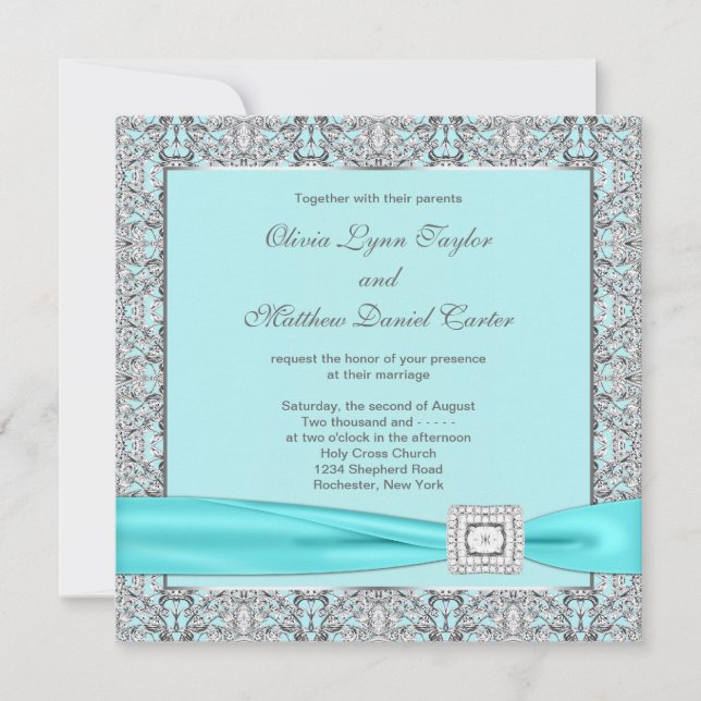 Convite Casamento com Teal Blue Silver (Frente)