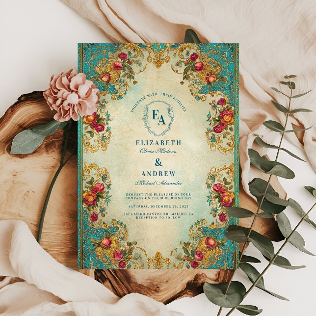 Convite Casamento com Teal e Jardim Dourado do ornamentado (Criador carregado)