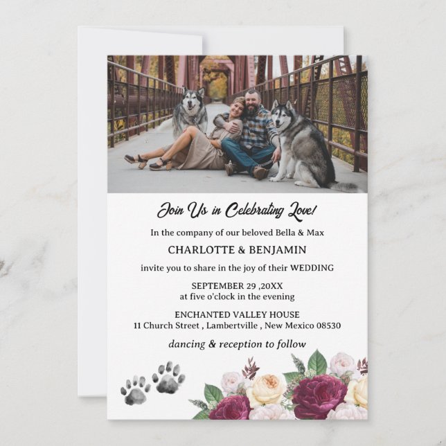 Convite Casamento com Tema de Cachorro Floral Bordô com Fo (Frente)