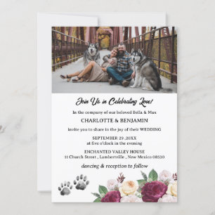 Convite Casamento com Tema de Cachorro Floral Bordô com Fo