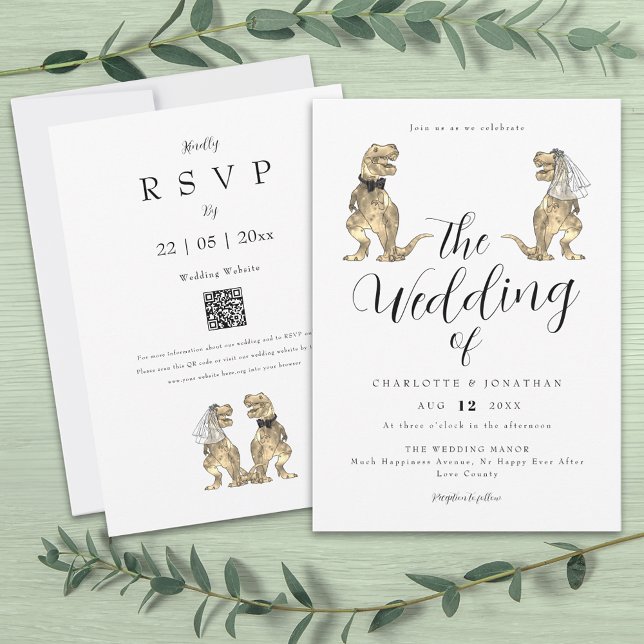Convite Casamento com Tema de Dinossauro (Dinosaur theme wedding invitation funny T-Rex dino bride and groom modern elegant script )