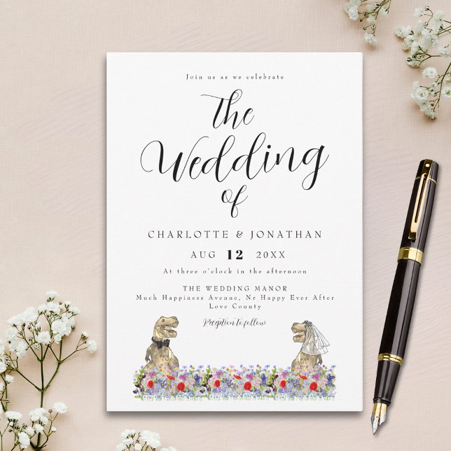 Convite Casamento com tema de flores silvestres e dinossau (Elegant script dinosaur wildflower wedding invitation)