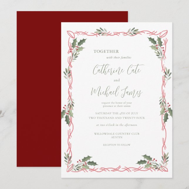 Convite Casamento com Tema de Natal de Frutas de Azevinho (Frente/Verso)