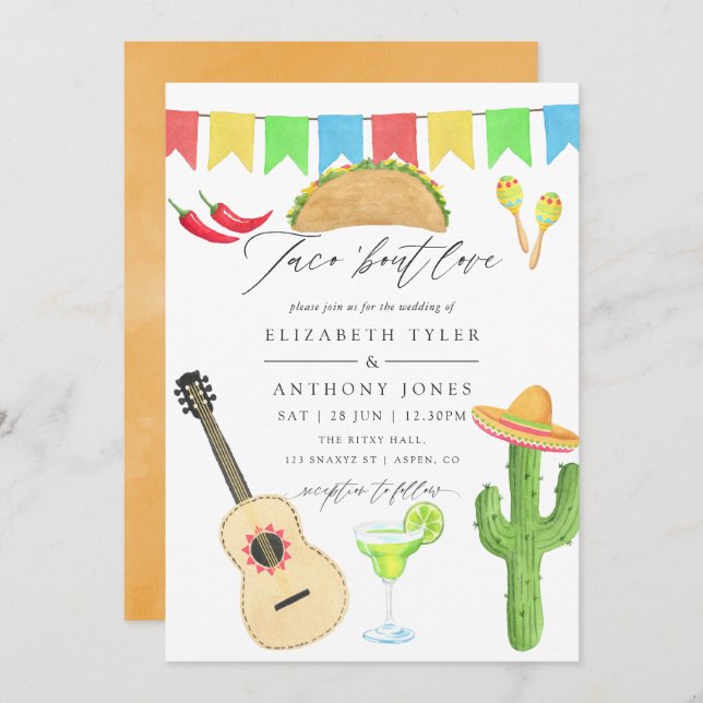 Convite Casamento com tema Fiesta Taco Mexicano (Frente/Verso)