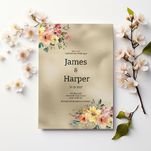 Convite Casamento com tema floral laranja rosa dourado de