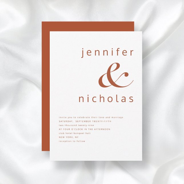 Convite Casamento com Terracotta e Tipografia Moderna Bran (Front / Terracotta & White Modern Typography Wedding Invitation)