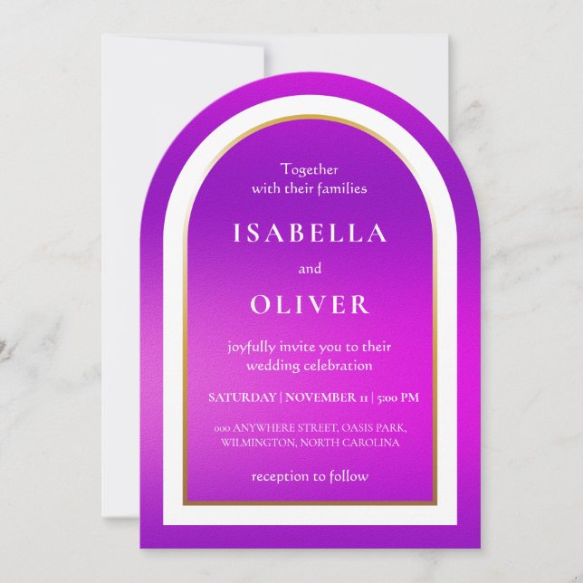Convite Casamento com texto branco em gradiente roxo (Frente)