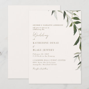 Convite Casamento com Texto Dourado e Verde Claro Champagn
