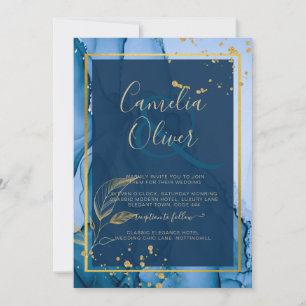 Convite Casamento com tinta a álcool Dourada azul do Marin