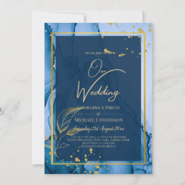 Convite Casamento com tinta a álcool Dourada azul do Marin
