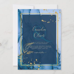 Convite Casamento com tinta a álcool Dourada azul do Marin