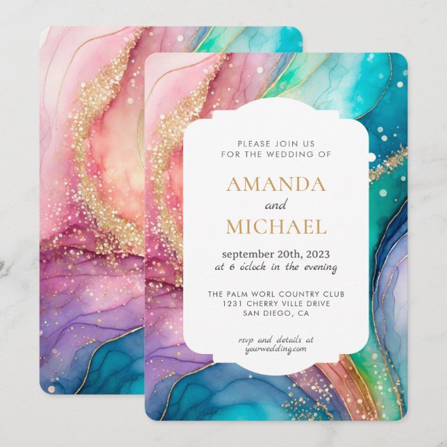 Convite Casamento com tinta alcoólica arco-íris pastel de  (Frente/Verso)