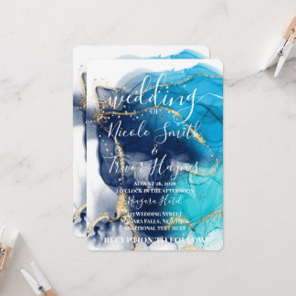 Convite Casamento com Tinta Alcoólica Azul Dourado Persona