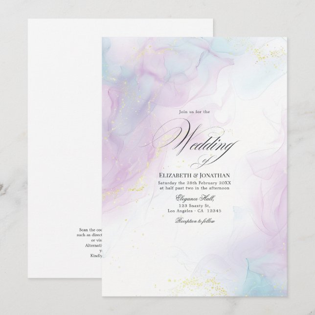 Convite Casamento com Tinta Alcoólica Azul Pastel Suave e  (Frente/Verso)