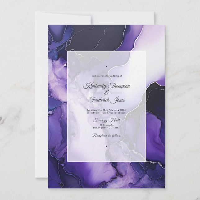 Convite Casamento com Tinta Alcoólica Preta, Prata e Roxo  (Frente)