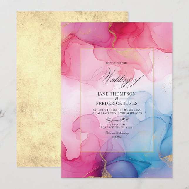 Convite Casamento com Tinta Alcoólica Rosa, Azul e Dourado (Frente/Verso)