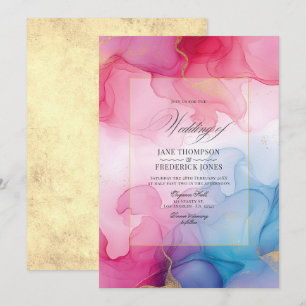 Convite Casamento com Tinta Alcoólica Rosa, Azul e Dourado