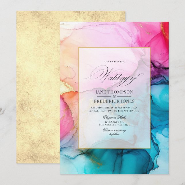 Convite Casamento com Tinta Alcoólica Rosa-Intenso, Azul e (Frente/Verso)