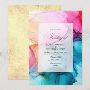 Convite Casamento com Tinta Alcoólica Rosa-Intenso, Azul e