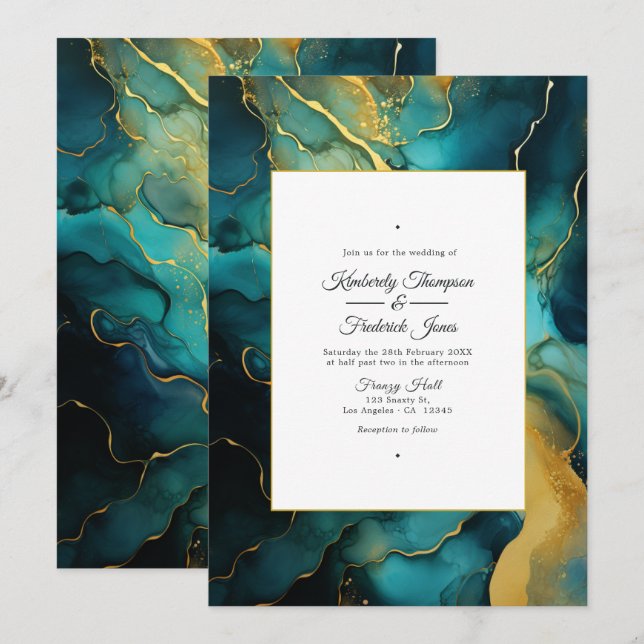 Convite Casamento com Tinta Alcoólica Verde Azul e Dourado (Frente/Verso)