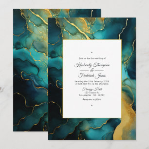Convite Casamento com Tinta Alcoólica Verde Azul e Dourado